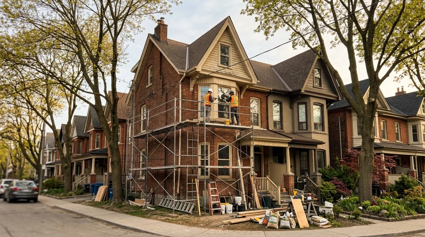 house renovation cost toronto victorian home with scaffolding in the annex neighbourhood