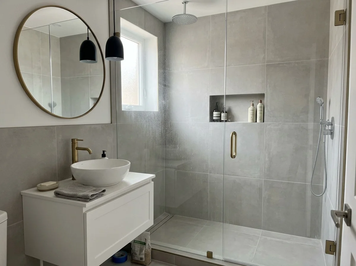 A clean, modern bathroom with a walk-in glass shower and a floating vanity.