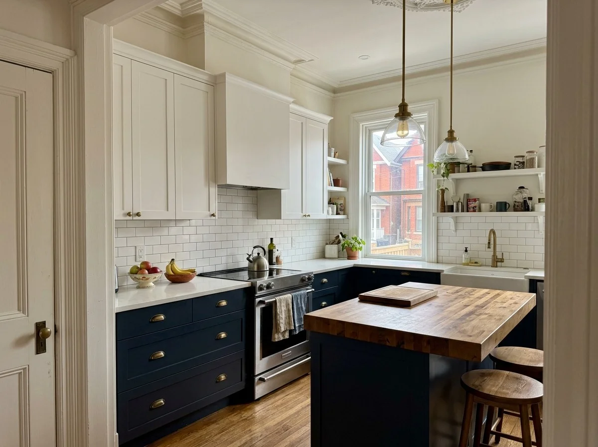 A modern kitchen with white cabinets, a large island, and stainless steel appliances.